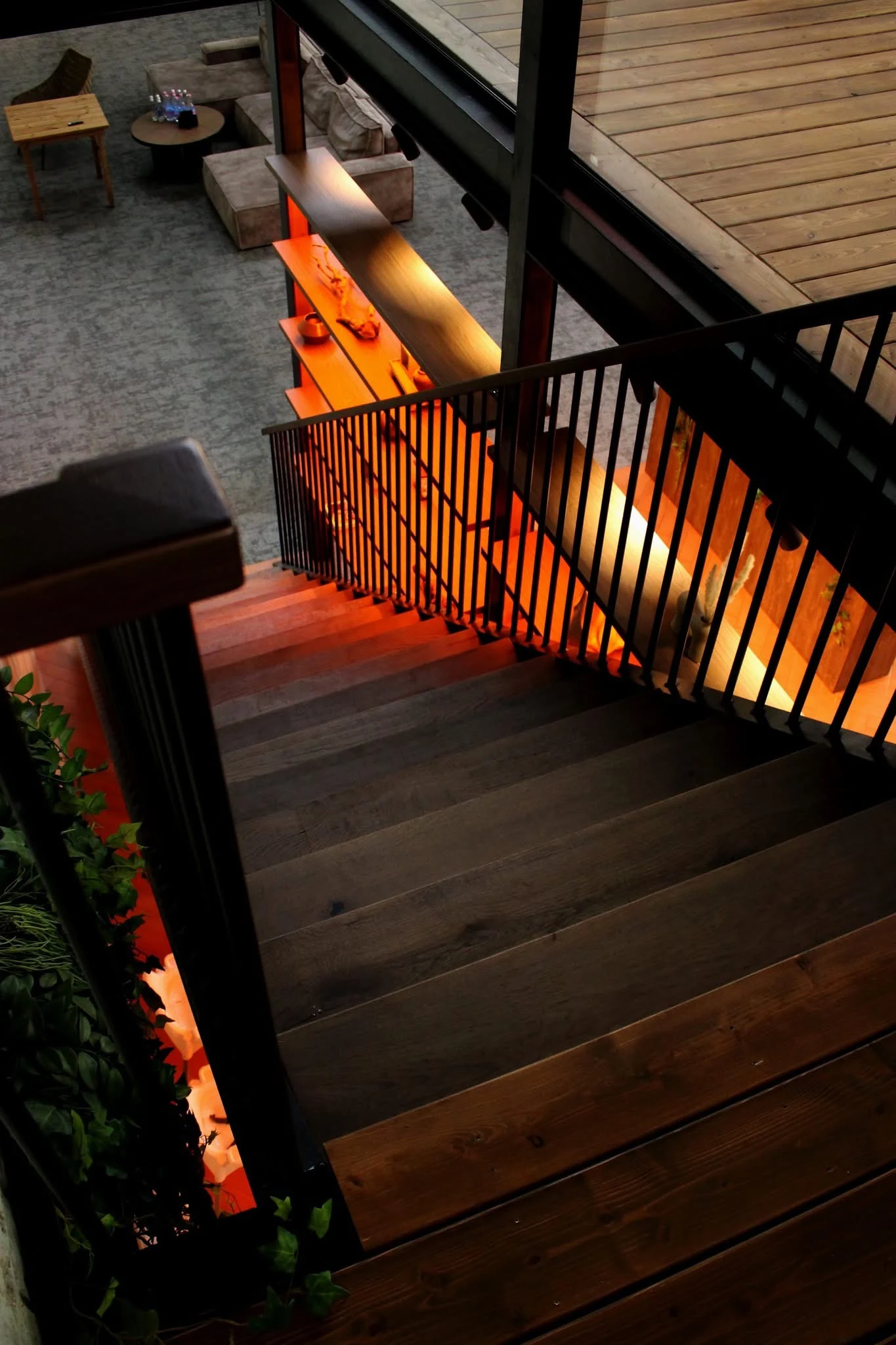 View from above of the wooden stair treads and their natural grain